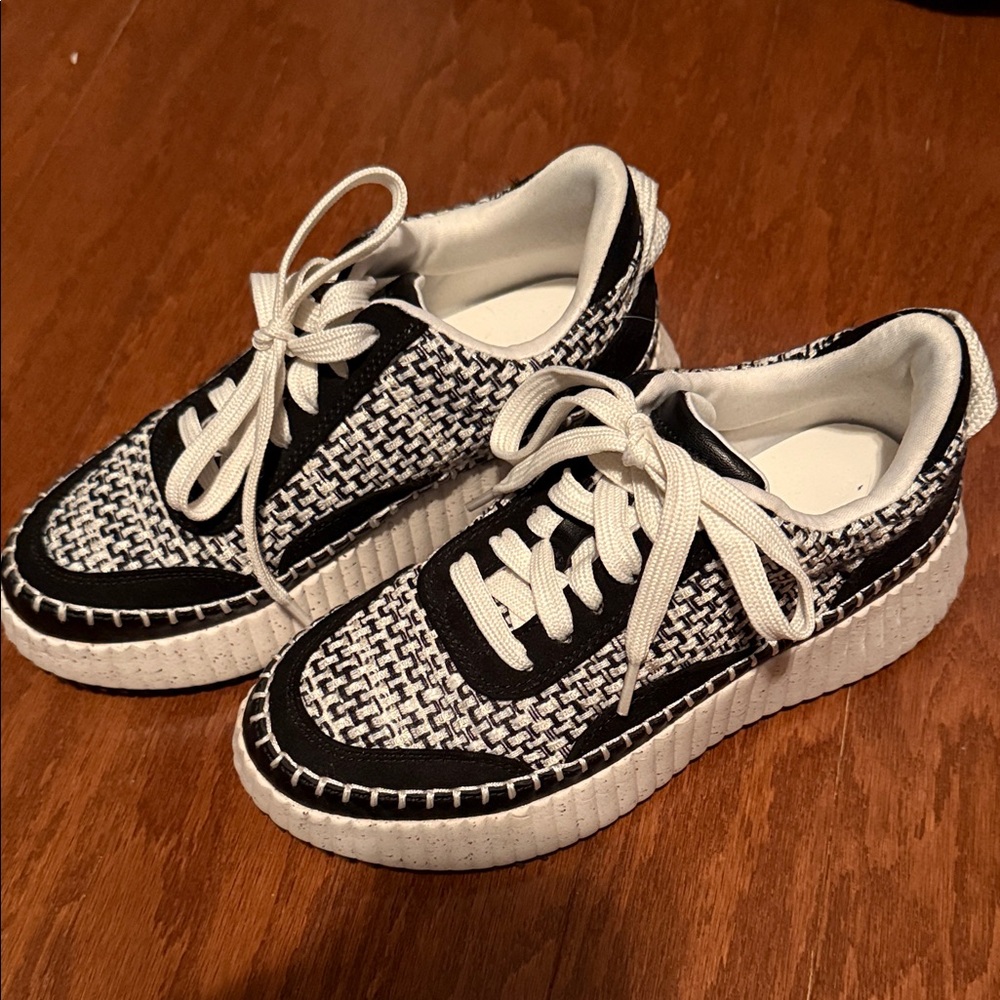 Black & White Textured Lace-Up Sneakers